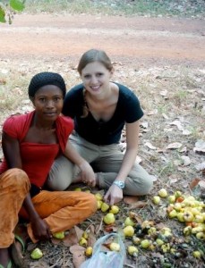 Meredith Ragno with a cashew worker she interviewed.